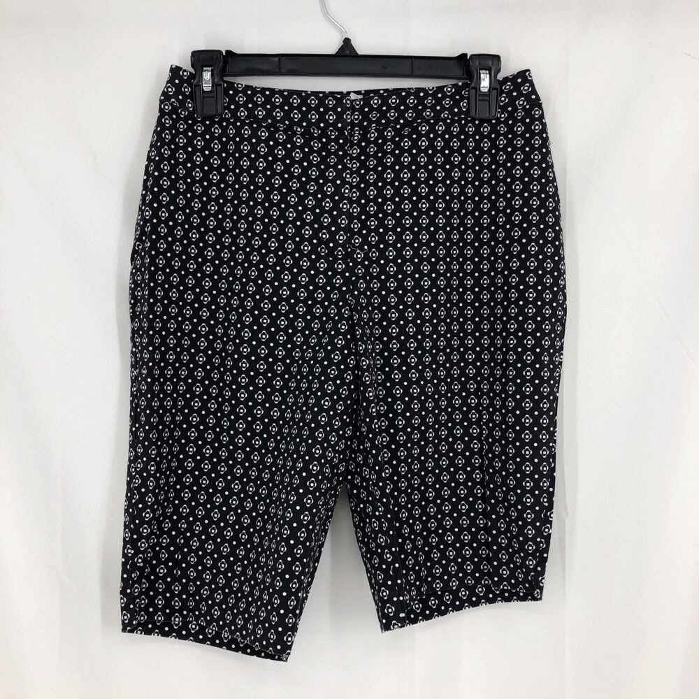 Chico’s Bermuda Stretch Cotton Blend Shorts Size .5 Black White Print